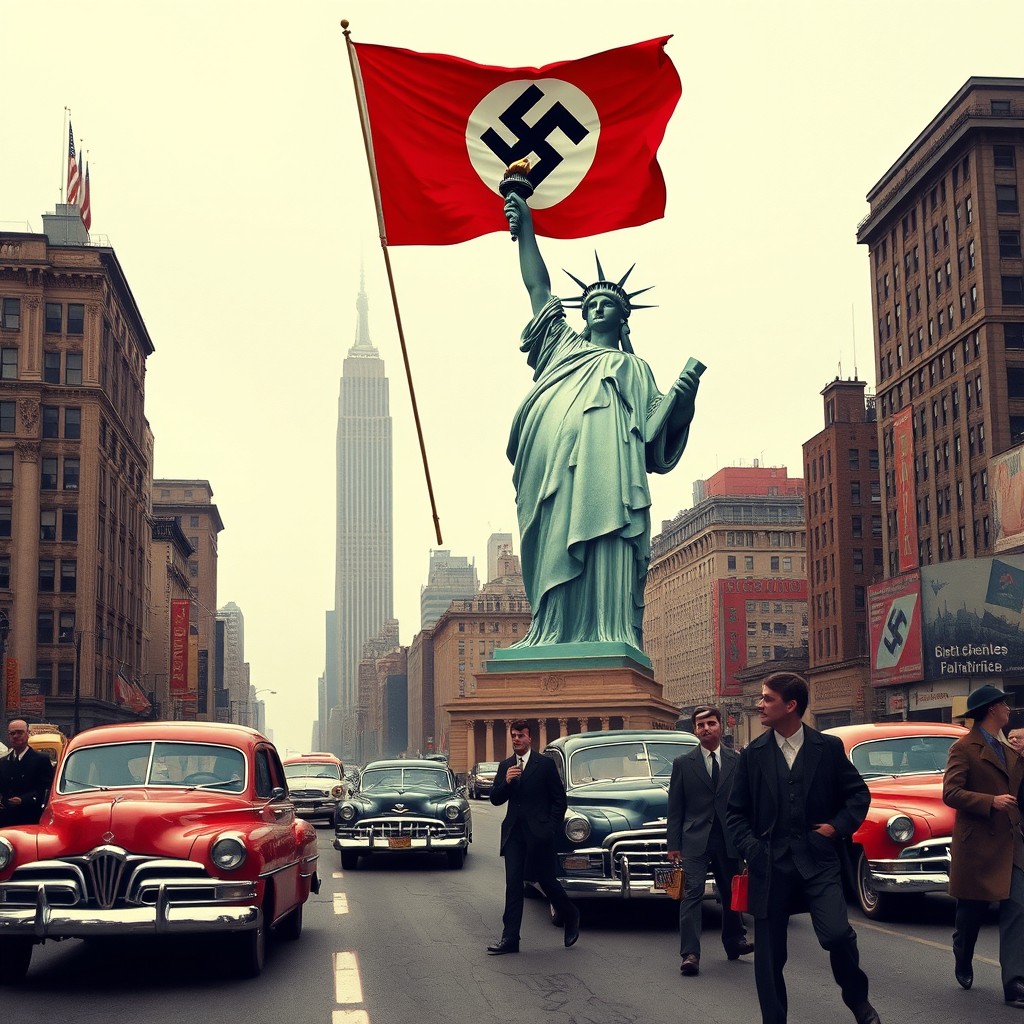 An alternate history scene set in the 1950s in New York City, depicting a twisted version of the Statue of Liberty holding a prominent Nazi flag