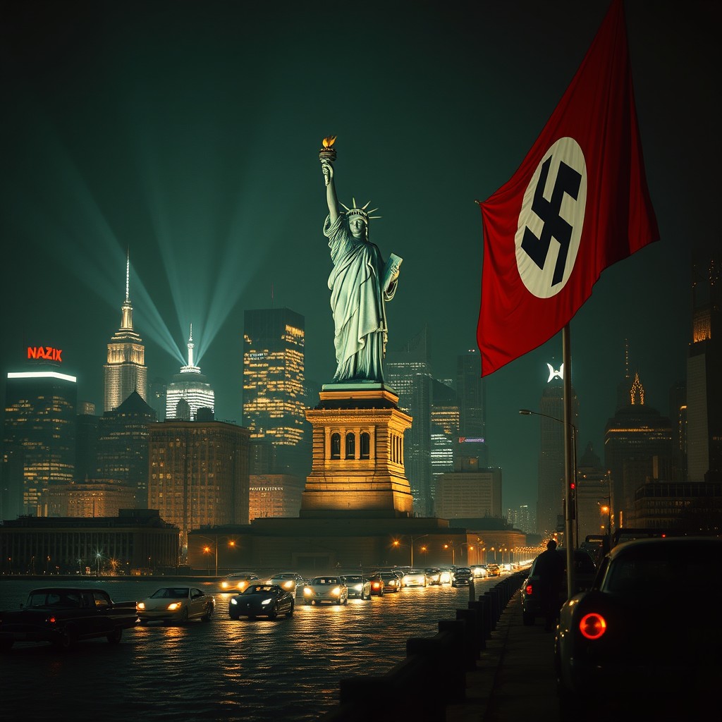 An alternate history scene depicting a 1950s New York City under Nazi American rule, featuring the Statue of Liberty prominently displayed at night, adorned with a large Nazi flag