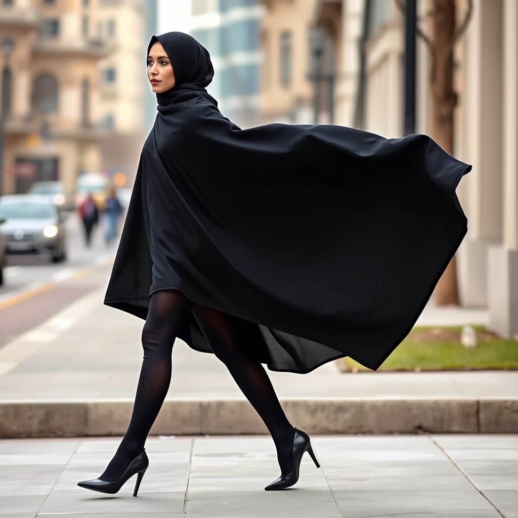 A woman in a thick black chador, elegantly styled, wearing sleek black tights and fashionable black high heels