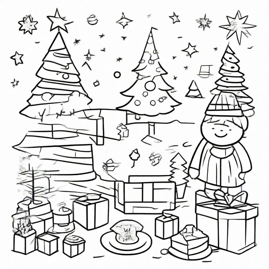 A festive Christmas themed, simple, uncolored line-art drawing suitable for children to color, showcasing preschool settings like classrooms with Christmas decorations such as Christmas trees, presents, and stockings.