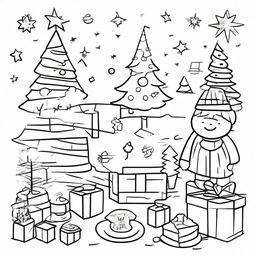 A festive Christmas themed, simple, uncolored line-art drawing suitable for children to color, showcasing preschool settings like classrooms with Christmas decorations such as Christmas trees, presents, and stockings.