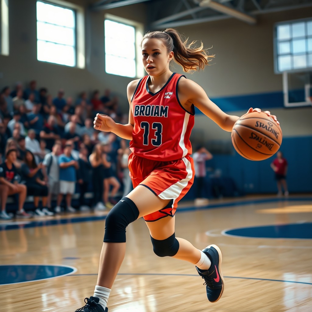 A dynamic and powerful scene featuring a female basketball player in mid-action, dribbling the ball on a brightly lit basketball court with a cheering crowd in the background