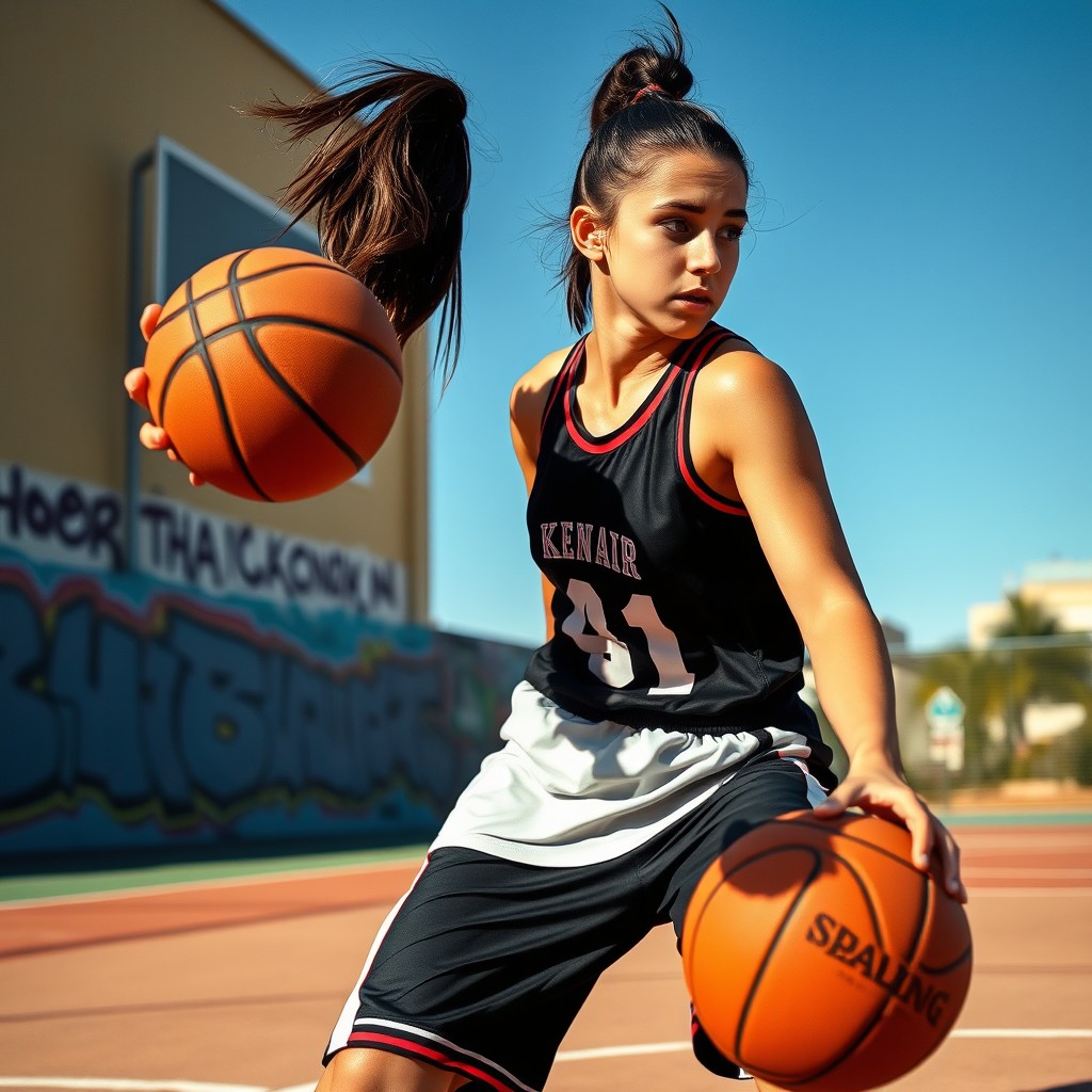 A dynamic scene featuring a young woman playing basketball on an outdoor court