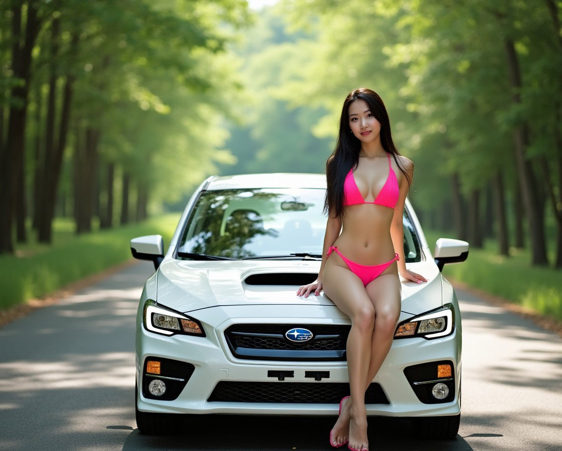 A full shot of a stunningly beautiful 25-year-old Korean woman with long dark hair and large breasts, sitting playfully on the hood of a 2013 white Subaru STI