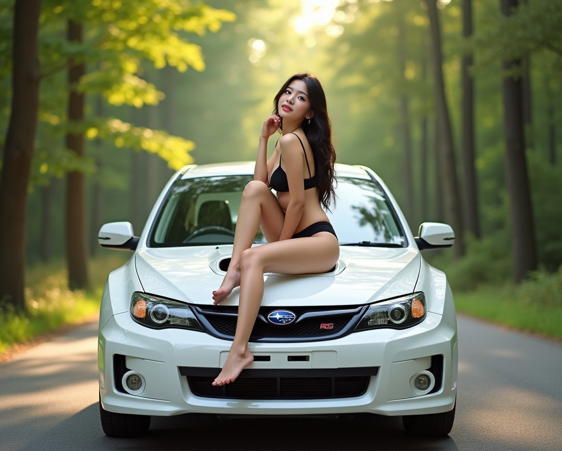 A full shot of a stunningly beautiful 21-year-old Korean woman with long dark hair, wearing a stylish black D-cup bikini