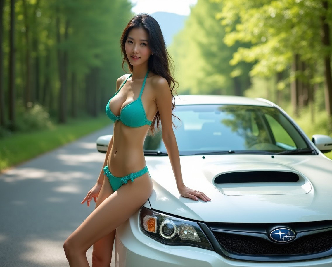 A full shot of a stunningly beautiful Korean woman with long dark hair and large breasts, wearing a vibrant teal bikini