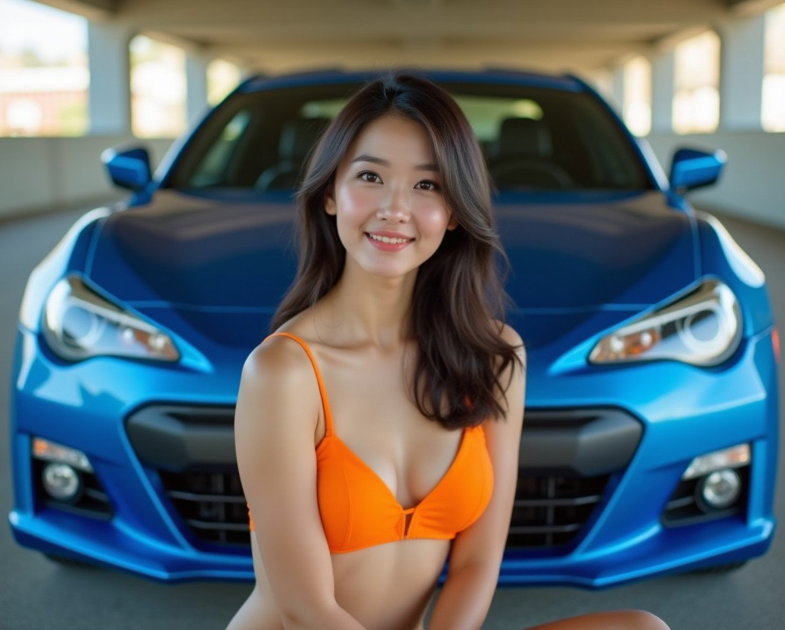 A full shot of a stunningly beautiful 20-year-old Korean woman with dark shoulder-length hair and large breasts, wearing a vibrant orange bikini