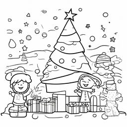 A festive Christmas themed, simple, uncolored line-art drawing suitable for children to color, showcasing preschool settings like classrooms with Christmas decorations such as Christmas trees, presents, and stockings.