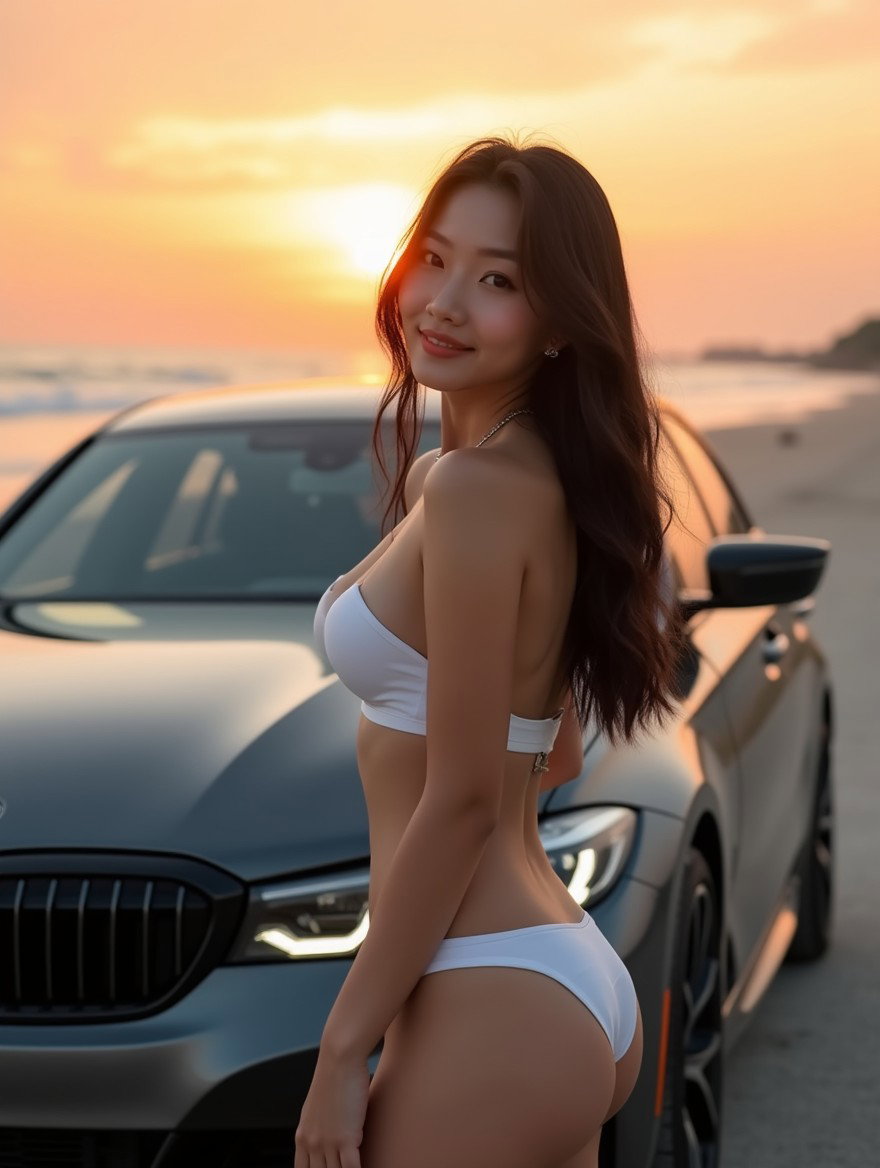 A full shot of a stunningly beautiful Korean woman with long dark hair and large breasts, wearing a stylish white bikini