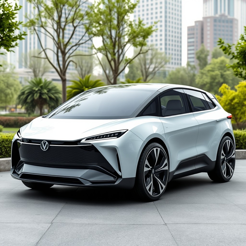 A modern electric car design suitable for five passengers, featuring a sleek aerodynamic body, large panoramic windows, and an innovative minimalist interior