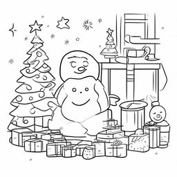 A festive Christmas themed, simple, uncolored line-art drawing suitable for children to color, showcasing preschool settings like classrooms with Christmas decorations such as Christmas trees, presents, and stockings.