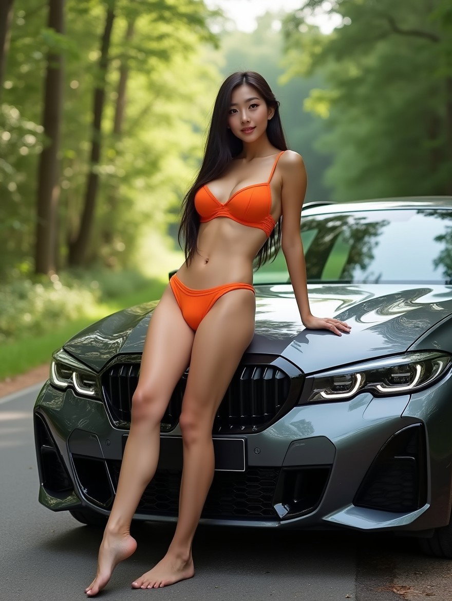 A stunningly beautiful 19-year-old Korean woman with long dark hair, large breasts, and a curvy figure, wearing an eye-catching orange bikini