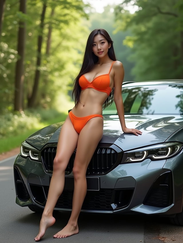 A stunningly beautiful 19-year-old Korean woman with long dark hair, large breasts, and a curvy figure, wearing an eye-catching orange bikini
