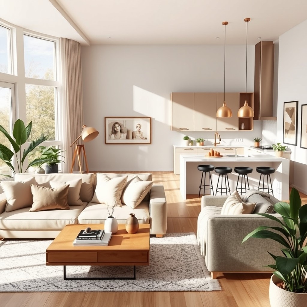 A beautifully designed open-concept living room and kitchen, measuring 4x6 meters