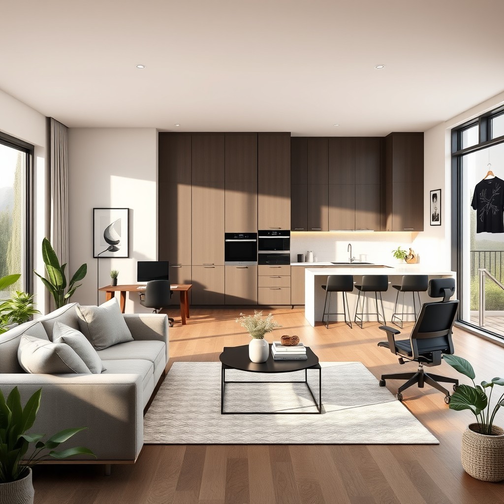 An elegantly designed open-concept living room and kitchen, measuring 4x6 meters