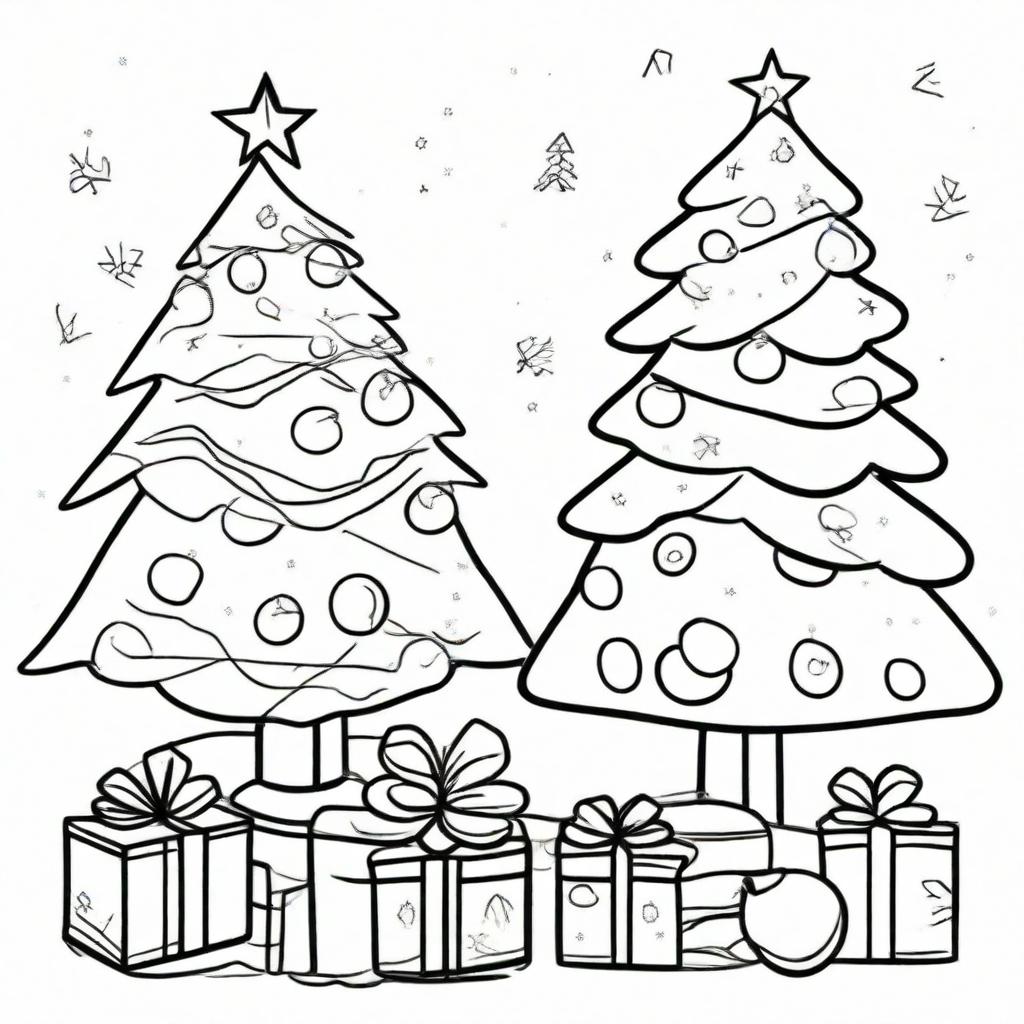 A festive Christmas themed, simple, uncolored line-art drawing suitable for children to color, showcasing preschool settings like classrooms with Christmas decorations such as Christmas trees, presents, and stockings.