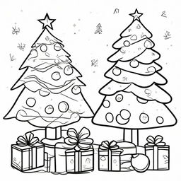 A festive Christmas themed, simple, uncolored line-art drawing suitable for children to color, showcasing preschool settings like classrooms with Christmas decorations such as Christmas trees, presents, and stockings.