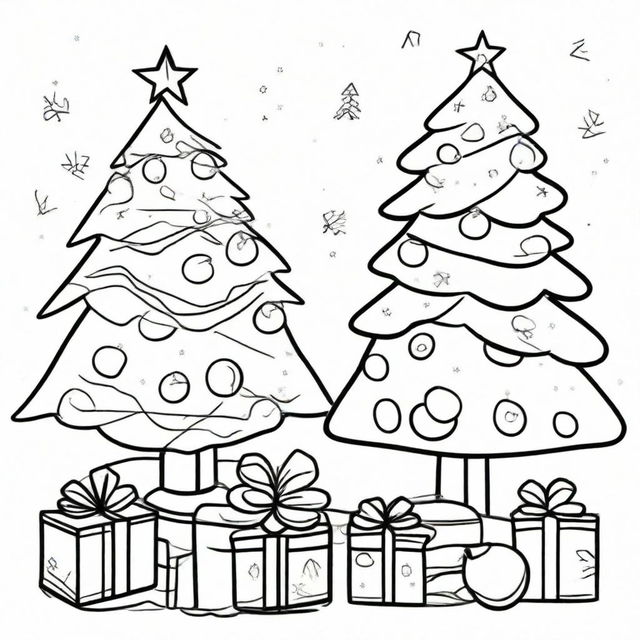 A festive Christmas themed, simple, uncolored line-art drawing suitable for children to color, showcasing preschool settings like classrooms with Christmas decorations such as Christmas trees, presents, and stockings.