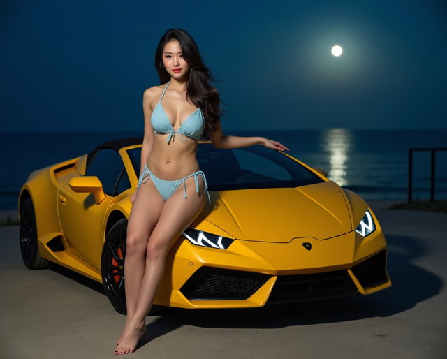 A 19-year-old stunningly beautiful Korean woman with long dark hair, large breasts, and a curvy figure in a light blue bikini