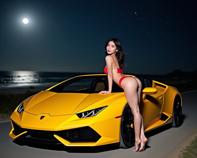 A 19-year-old stunningly beautiful Korean woman with dark hair, large breasts, and a juicy bum, wearing a light red bikini