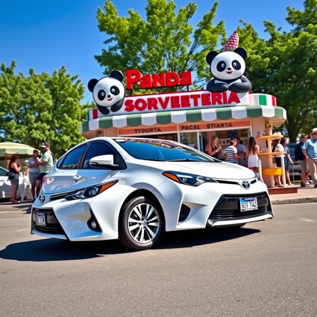 A white Toyota Corolla parked in front of Panda Sorveteria, a colorful ice cream shop with large panda decorations and a vibrant sign