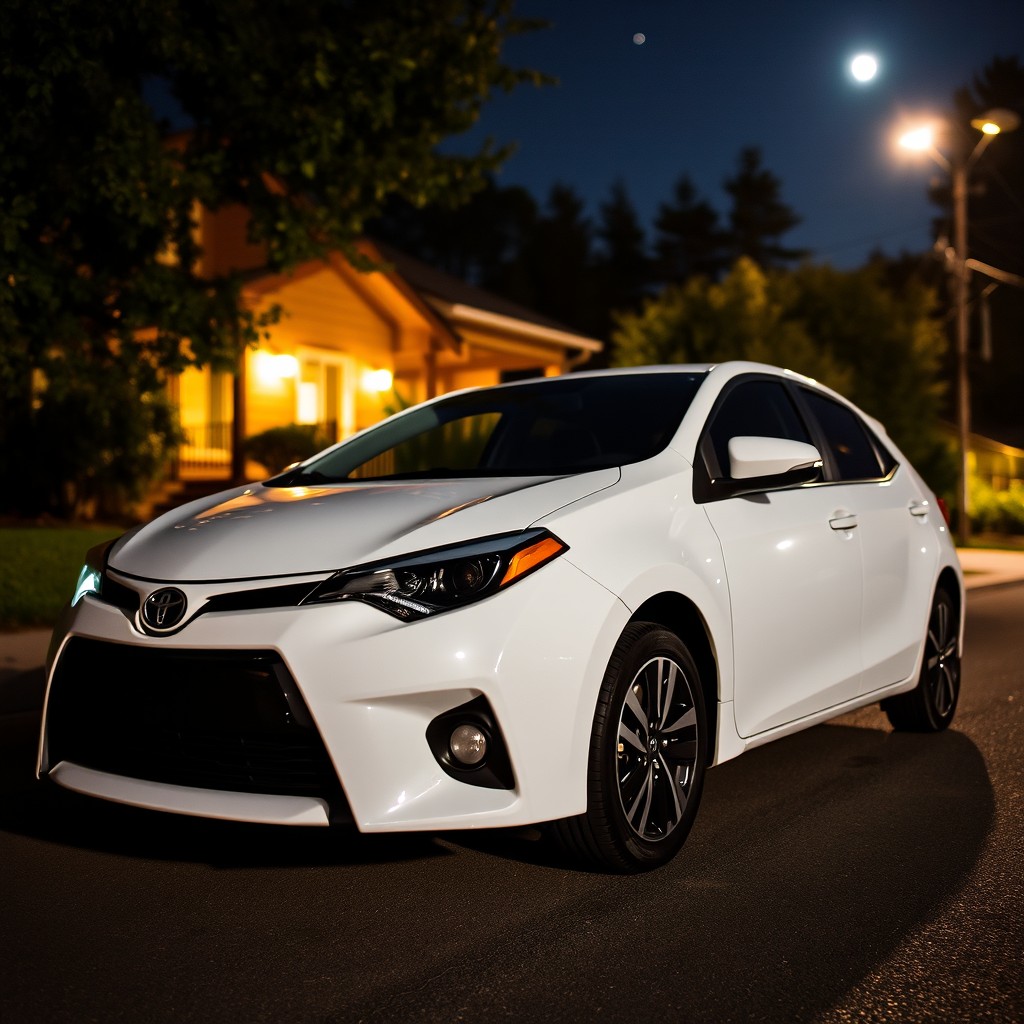 A white Toyota Corolla parked near a house at night, illuminated gently by the moonlight and nearby street lamps