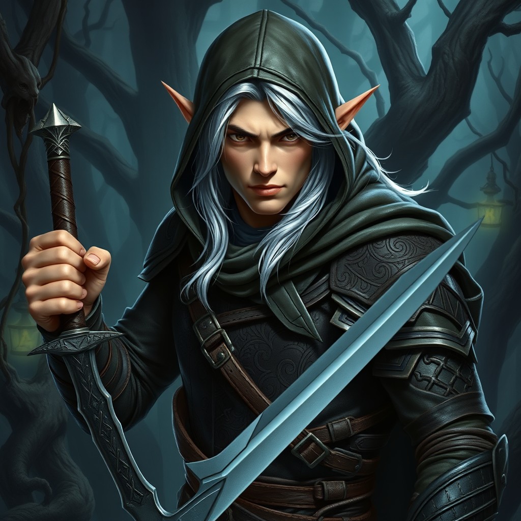 A male Half-Elf Monster Hunter, posed heroically in a dark, enchanted forest