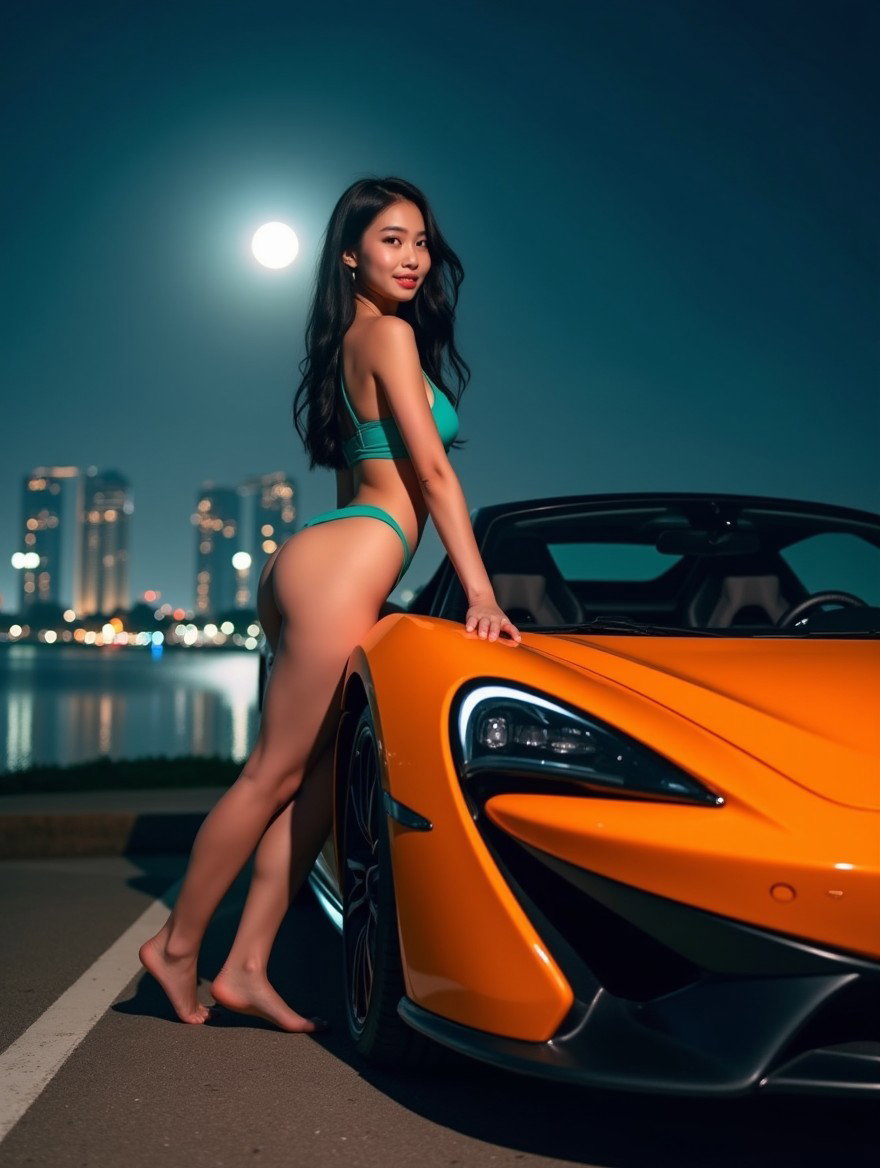 A stunningly beautiful 19-year-old Korean woman with long dark hair, medium breasts, and a shapely juicy bum, wearing a stylish teal bikini