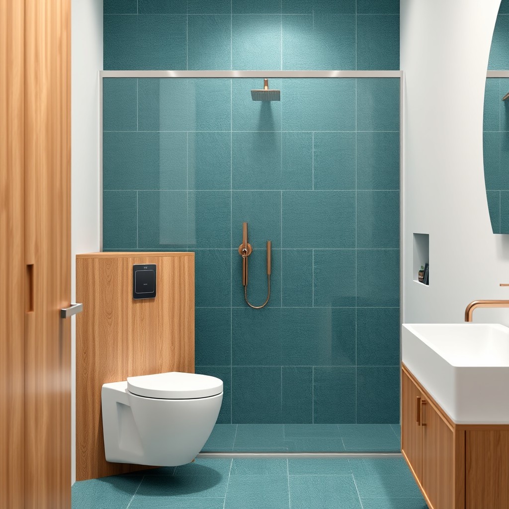 A modern bathroom interior showcasing stunning 60x120 ceramic tiles from Inermatex in the color Galaxy Aqua, exuding a sleek and contemporary vibe