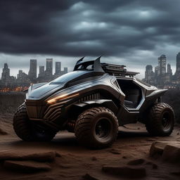 A groundbreaking 8K resolution depiction of a luxurious Offroad Batman Pod, rugged and awe-inspiring, set against the brooding landscape of Gotham.