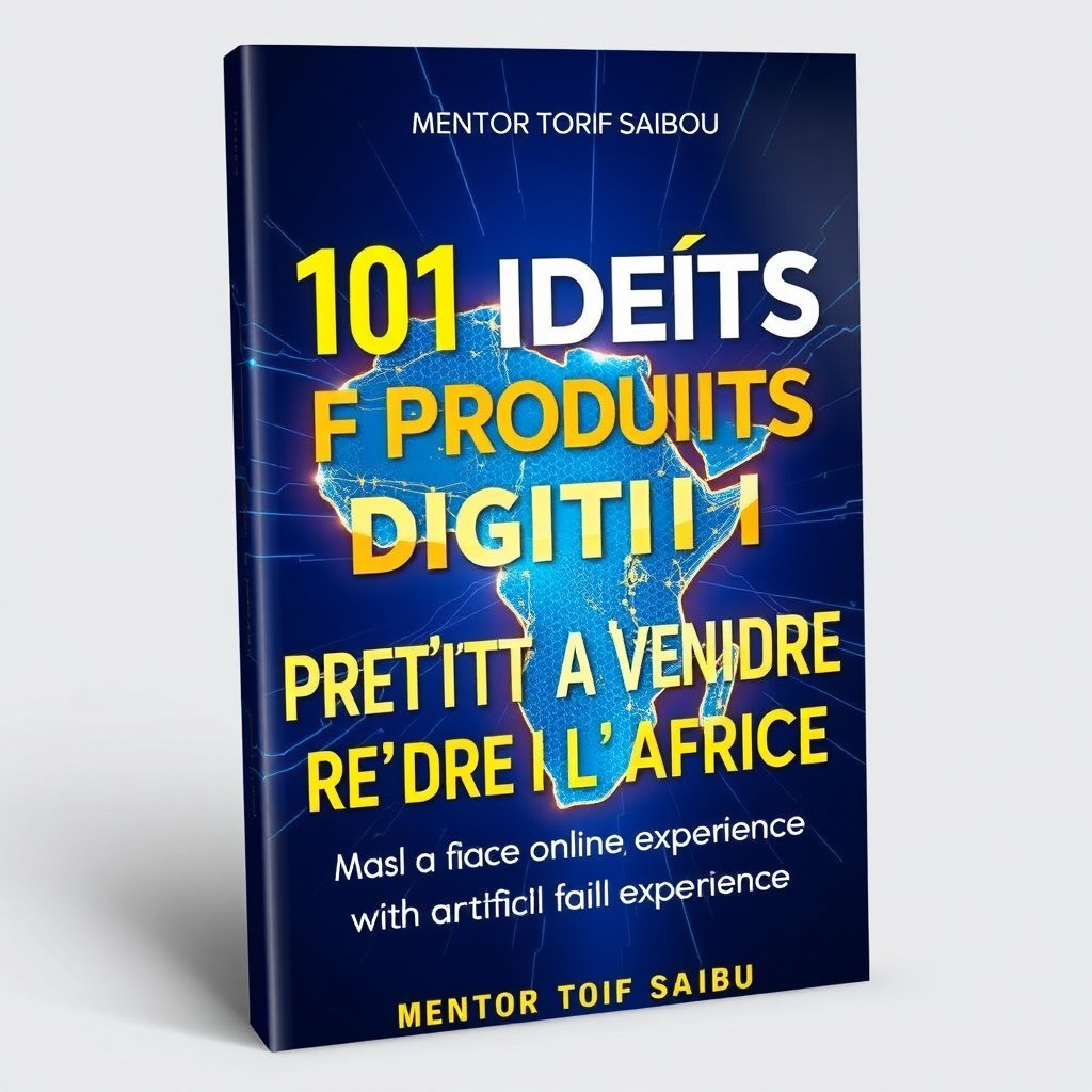 A futuristic and dynamic eBook cover design for '101 Idées de Produits Digitaux Prêts à Vendre Depuis l’Afrique' by Mentor Torif Saibou