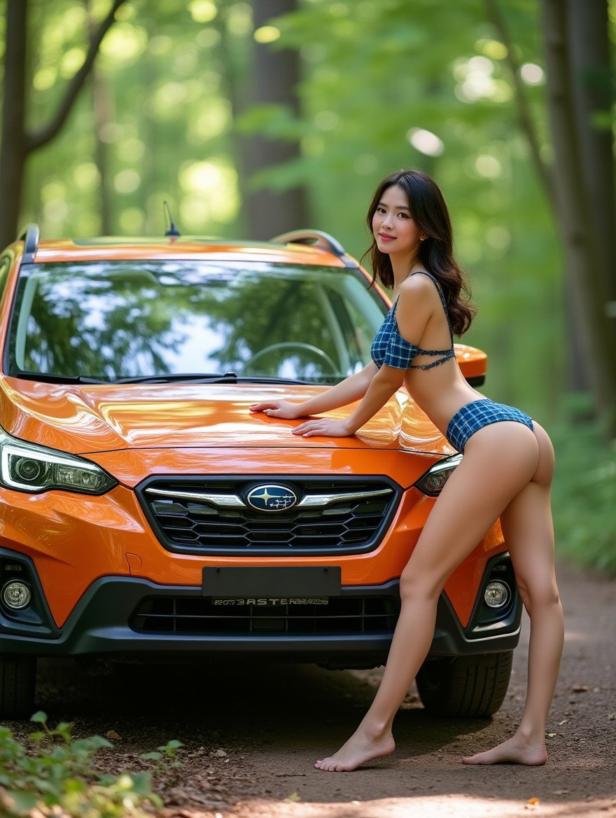 A stunningly beautiful 19-year-old Korean woman with dark hair, large breasts, and a juicy bum, wearing a plaid blue bikini