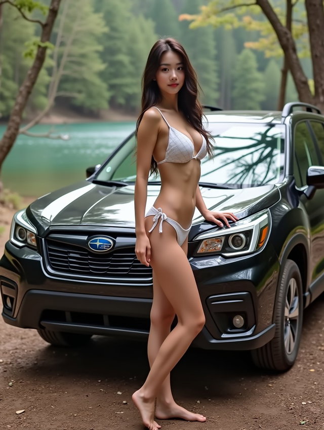 A stunningly beautiful 19-year-old Korean woman with dark hair, large breasts, and a juicy bum, wearing a white plaid bikini