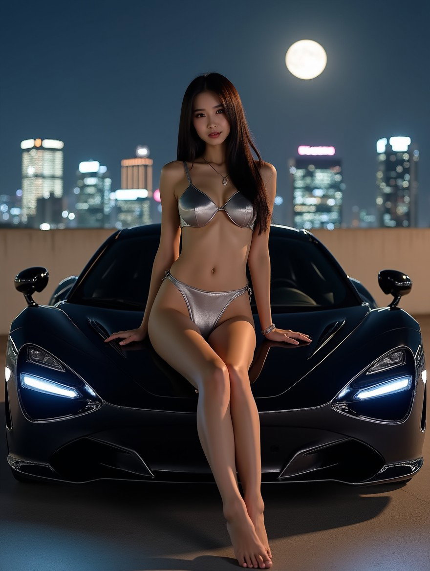 A stunningly beautiful Korean woman with long dark hair, featuring an attractive physique, dressed in a sleek silver bikini
