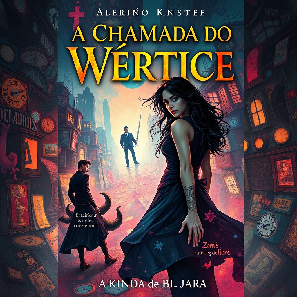 A captivating book cover for "A Chamada do Vértice", featuring the main character, Ariá Kestrel, a strong female figure with an enigmatic presence, navigating through a chaotic, distorted cityscape filled with shifting streets and surreal, unstable environments