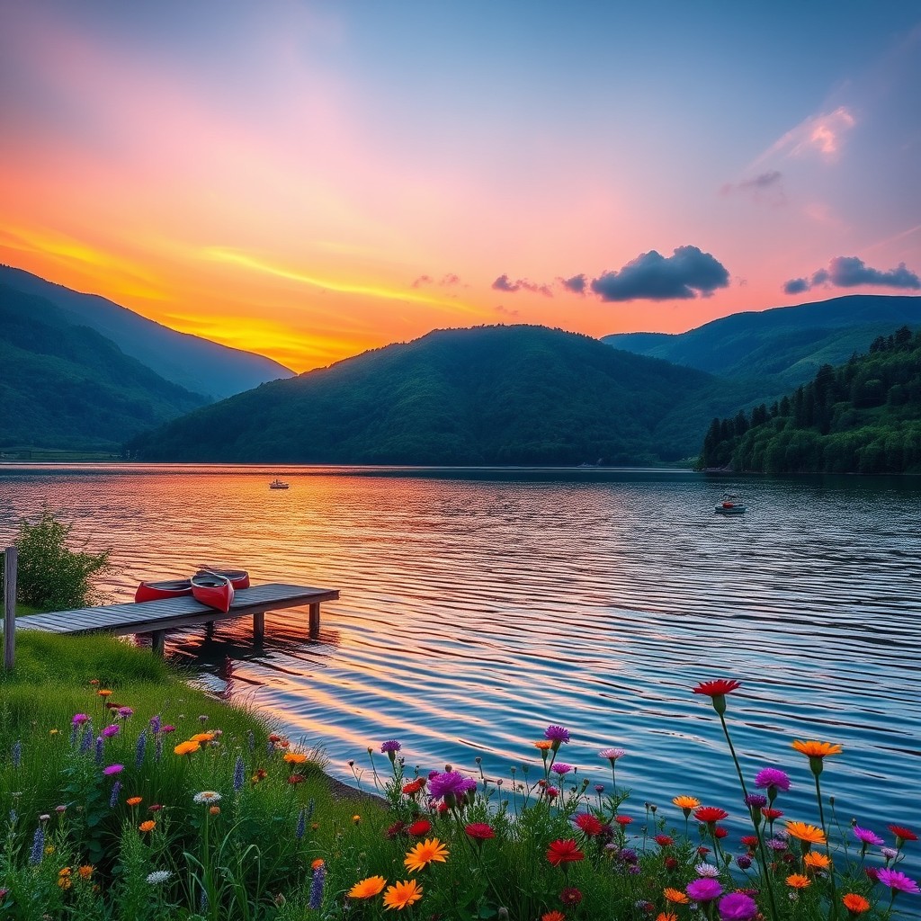 A serene landscape with lush green hills, a tranquil blue lake, and a vibrant sunset casting orange and pink hues across the sky