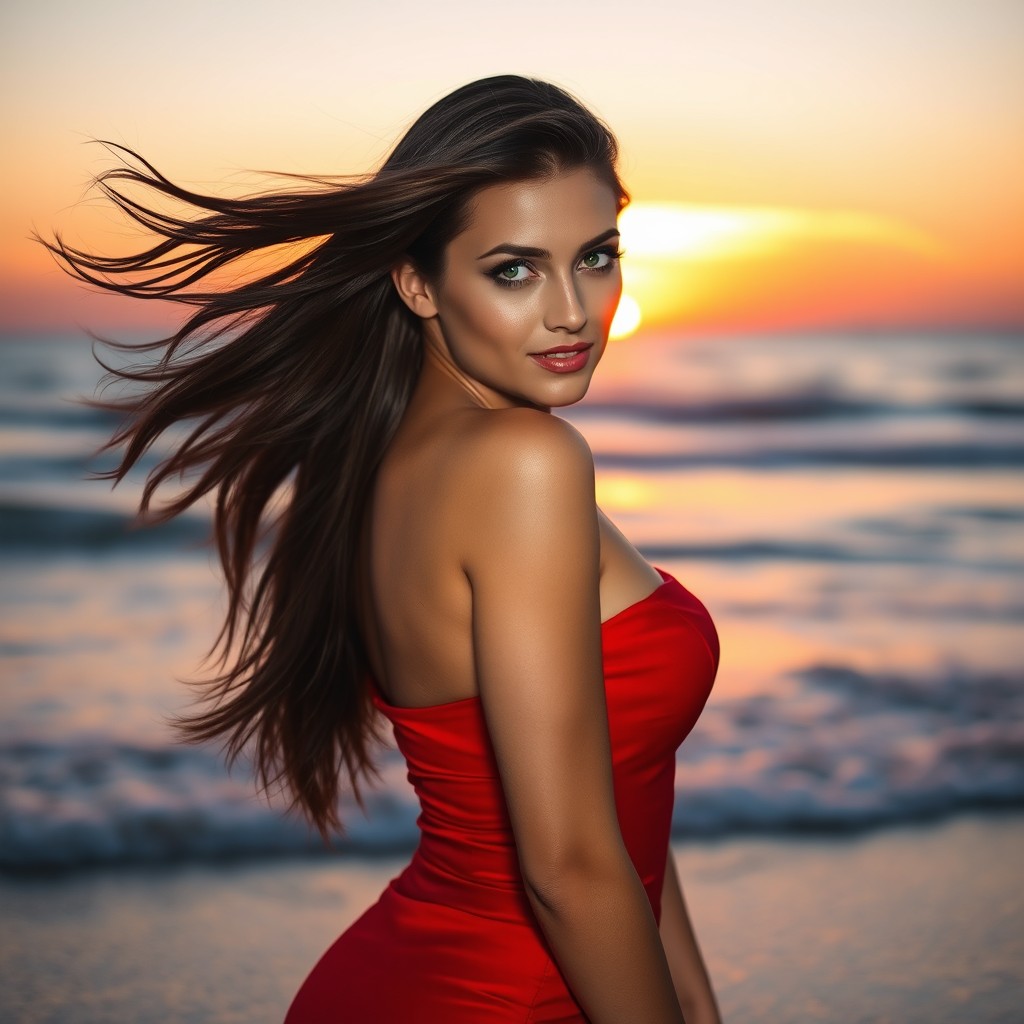 A stunningly beautiful woman with flowing long brunette hair and captivating green eyes, wearing a form-fitting red dress that accentuates her curves