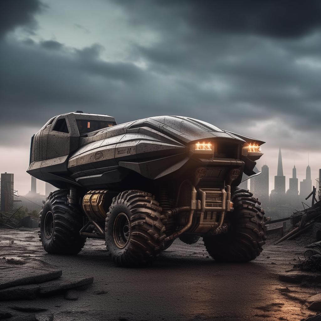 A groundbreaking 8K resolution depiction of a luxurious Offroad Batman Pod, rugged and awe-inspiring, set against the brooding landscape of Gotham.