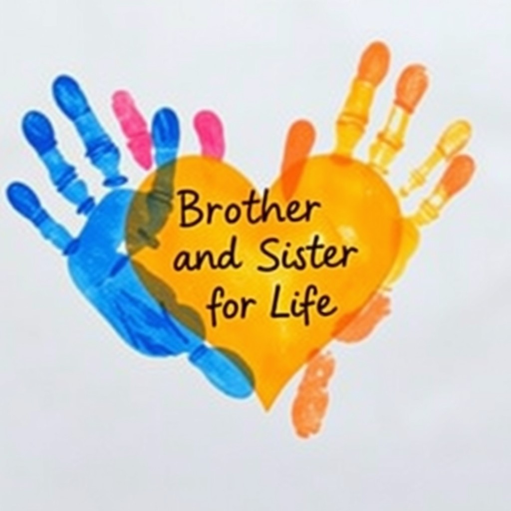 A heart shape created using colorful fingerprints, with the phrase 'Brother and Sister for Life' beautifully written inside the heart