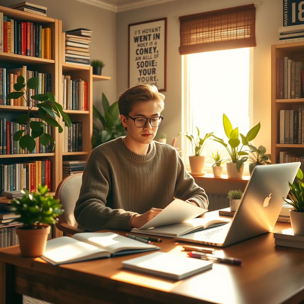 A focused student sitting at a wooden desk in a cozy study room filled with books and study materials, surrounded by potted plants and soft lighting
