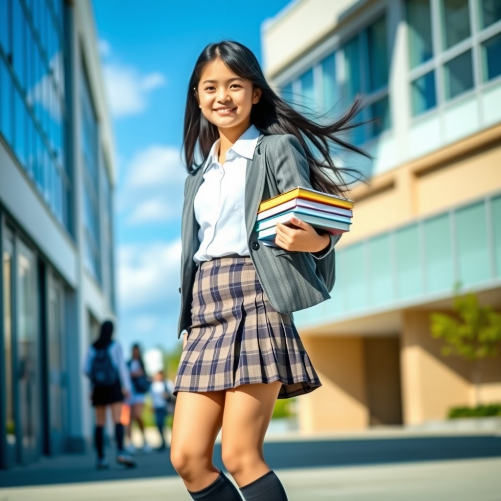 A stylish schoolgirl standing outside a modern school building, wearing a crisp white shirt, a plaid skirt, a fitted blazer, and knee-high socks