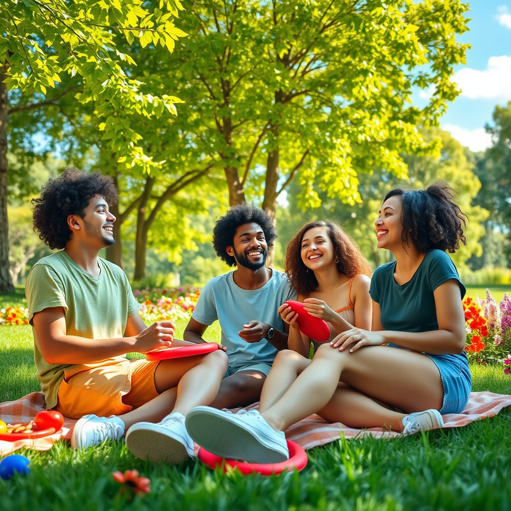 A vibrant scene of a young adult enjoying a sunny day in a park with friends