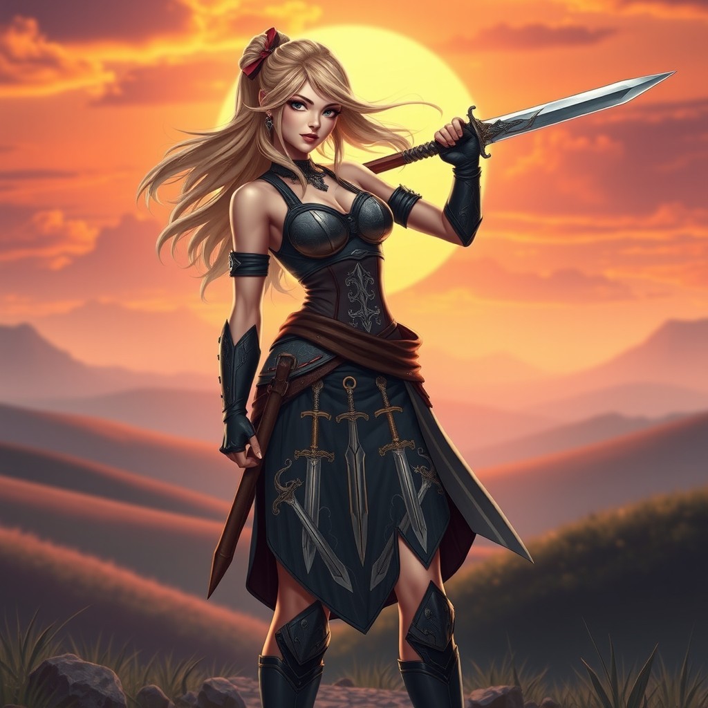 A confident female warrior standing proudly in a striking pose, wearing a stylish mini skirt designed with intricate sword motifs