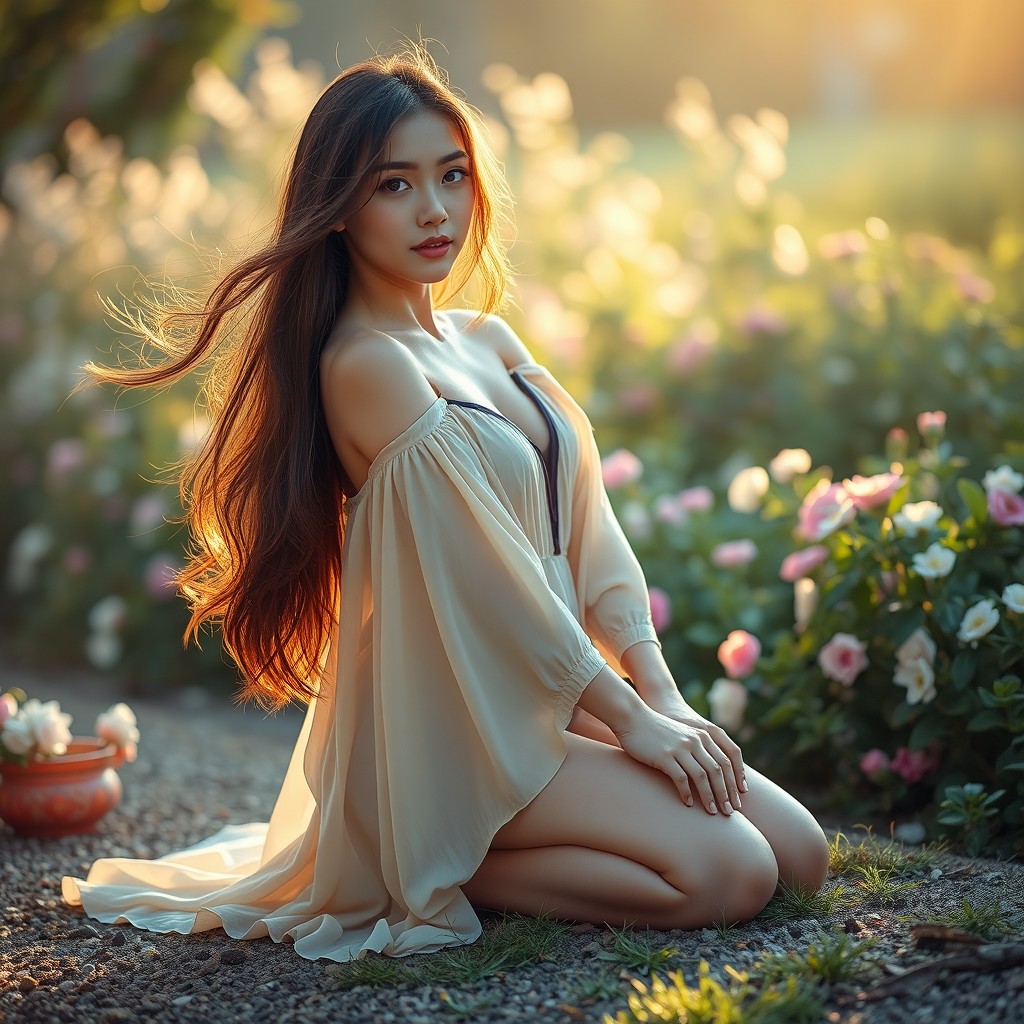 A young woman kneeling gracefully on the ground, with a serene expression on her face