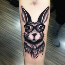 A striking tattoo-style image of a bunny wearing glasses