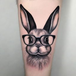 A striking tattoo-style image of a bunny wearing glasses