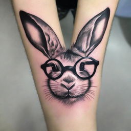 A striking tattoo-style image of a bunny wearing glasses