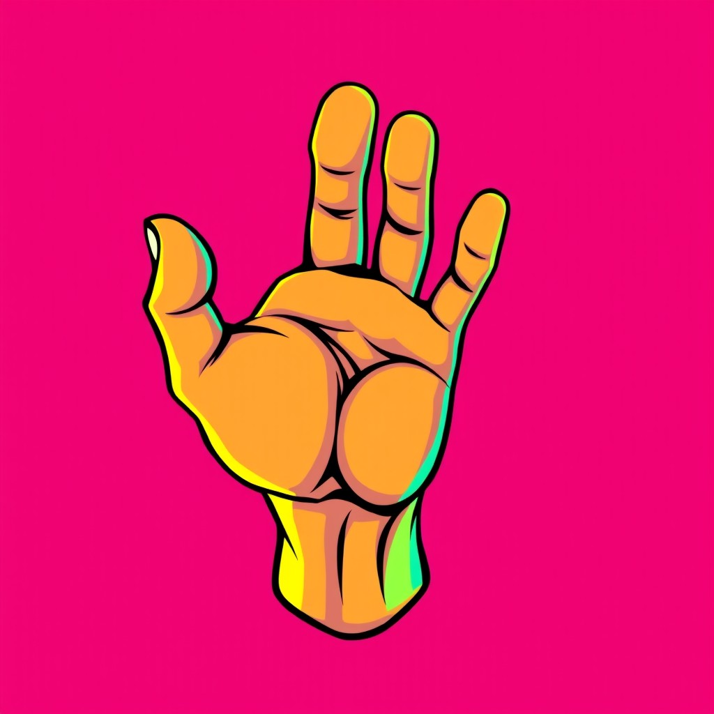 A vibrant 80s style cartoon or anime hand, with a strong, muscular appearance, palm facing directly towards the camera