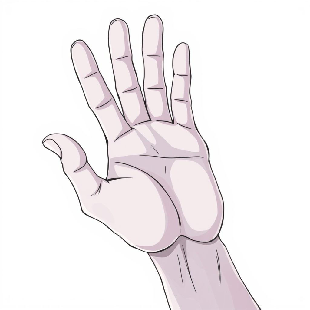 A detailed anime hand with white skin, palm facing directly towards the camera