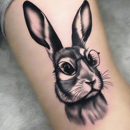 A striking tattoo-style image of a bunny wearing glasses